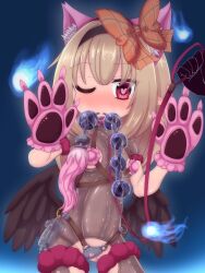 1boy 1girl anal_beads animal_collar animal_hair_ornament animal_hands belt black_hairband black_wings blush bodysuit breasts checkered_ribbon collar covered_erect_nipples dark_feather_alma emil_chronicle_online fireball gloves hair_ribbon hairband heart heart-shaped_pupils highres leash loli mouth_hold multiple_belts nose_blush one_eye_closed paw_gloves pointy_ears ribbon rna0 see-through_bodysuit see-through_clothes sex_toy small_breasts symbol-shaped_pupils wings