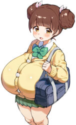 1girl bag blush bow breasts brown_eyes brown_hair buttons cardigan collared_shirt commentary_request dot_nose double_bun fujinoki_nene gigantic_breasts green_bow green_skirt hair_bun hair_ribbon hajimete_no_gal highres impossible_clothes looking_at_viewer mimiru_(mimiru6969) open_mouth pleated_skirt ribbon school_bag school_uniform shirt short_hair shortstack simple_background skirt solo standing white_background yellow_cardigan