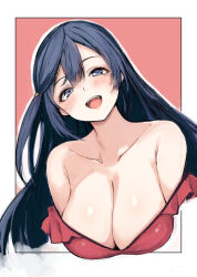 1girl :d bare_shoulders black_hair blue_eyes breasts cleavage collarbone gengoroh grey_eyes highres large_breasts long_hair looking_at_viewer love_live! love_live!_nijigasaki_high_school_idol_club open_mouth red_background smile solo teeth two-tone_background upper_body upper_teeth_only yuki_setsuna