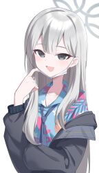 Rule 34 | 1girl, absurdres, blue archive, blue shirt, collared shirt, grey eyes, grey halo, halo, highres, jacket, jei (user tckk7448), konoka (blue archive), long hair, long sleeves, looking at viewer, mask, mask pull, mouth mask, open clothes, open jacket, open mouth, shirt, simple background, solo, upper body, white background, white hair