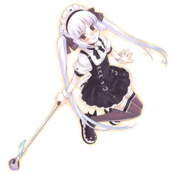 1girl :d black_bow black_bowtie black_shoes black_thighhighs blunt_bangs blush bow bowtie buckle female_focus flat_chest frills full_body high-waist_skirt holding holding_wand idolmaster idolmaster_(classic) idolmaster_1 kooh long_hair looking_at_viewer maid_headdress nyaou open_mouth pangya puffy_sleeves red_eyes shirt shoes skirt smile solo thighhighs twintails very_long_hair wand white_shirt wrist_cuffs