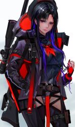 1girl asymmetrical_bangs beret black_gloves black_hair black_headwear black_jacket black_leotard black_serafuku breasts chaps collared_leotard colored_inner_hair eunhwa_(nikke) fingerless_gloves gloves goddess_of_victory:_nikke gun hat highres hood hood_down hooded_jacket jacket kyel_hyde leotard lips long_hair looking_at_viewer medium_breasts multicolored_hair neckerchief purple_eyes purple_hair red_gloves red_jacket red_neckerchief rifle school_uniform serafuku simple_background sniper_rifle solo two-sided_fabric two-sided_jacket two-tone_gloves weapon weapon_on_back white_background