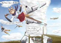 1boy 3girls ;d aircraft airplane animal_ears arm_guards black_jacket blonde_hair blue_sky brown_eyes brown_gloves brown_hair camera cloud cockpit commentary_request english_text flying fox_ears fox_tail gloves goggles goggles_on_head gun hakama hakama_skirt hanna-justina_marseille highres jacket japanese_clothes katou_keiko keyboardnoob machine_gun mg42 mirror multiple_girls one_eye_closed open_mouth p-51_mustang purple_scarf radio_antenna raisa_pottgen red_skirt scarf shirt skirt sky smile strike_witches striker_unit tail thumbs_up translation_request weapon white_shirt white_skirt wing_ears world_witches_series