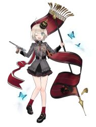 Rule 34 | absurdres, belt, black belt, black shoes, blue eyes, borchardt c-93, bug, butterfly, c-93 (girls&#039; frontline), combat helmet, commission, flag, girls&#039; frontline, gun, handgun, helmet, highres, holding, holding flag, holding gun, holding weapon, insect, kandly, medal, military uniform, non-web source, pickelhaube, shoes, skirt, weapon