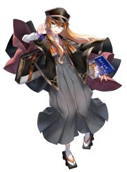1girl ahoge bad_id bad_pixiv_id bag bespectacled book bracelet brown_hair cloak collared_shirt earrings eyelashes eyeliner flower flower_earrings fox full_body fushimi_gaku geta glasses grey_hakama hair_between_eyes hair_flaps hakama hand_up haori highres holding holding_book japanese_clothes jewelry kimono knot leaning_back long_hair long_sleeves looking_at_viewer makeup mole mole_under_eye nail_polish nijisanji parted_lips picture_book purple_flower shirt shoulder_bag simple_background single_earring slit_pupils smile tabi tassel virtual_youtuber white_background white_legwear white_nails white_shirt wide_sleeves yatozume yellow_eyes