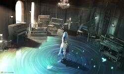 1girl black_flower blake_bloom_(wuthering_waves) blue_veil commentary cryne dress english_commentary flower from_behind highres indoors instrument piano ripples shorekeeper_(wuthering_waves) sleeveless sleeveless_dress solo two-tone_veil veil water white_dress white_veil wide_shot wuthering_waves