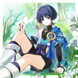 1boy alalen_nelala bird black_shorts blue_eyes blue_hair closed_mouth eating flower food full_body genshin_impact highres holding holding_food japanese_clothes looking_at_viewer male_focus onigiri outdoors scaramouche_(genshin_impact) short_hair shorts sitting solo vision_(genshin_impact) wanderer_(genshin_impact) white_flower