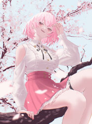 1girl absurdres arm_support breasts buttons center_frills cherry_blossoms clothing_cutout collared_shirt commentary_request falling_petals fingernails frills from_below glasses hair_petal high-waist_skirt highres hololive hololive_english lace lace-trimmed_skirt lace_trim large_breasts long_sleeves looking_at_viewer looking_over_eyewear mori_calliope mori_calliope_(kawaiiope) numzawa official_alternate_costume official_alternate_hair_length official_alternate_hairstyle petals pink_eyes pink_hair pink_nails pink_skirt pleated_skirt puffy_long_sleeves puffy_sleeves shirt shirt_tucked_in short_hair shoulder_cutout sitting_on_branch skirt smile solo string_bowtie thigh_strap tree virtual_youtuber white_shirt wing_collar