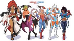5girls :d alternate_costume animal_ears arm_across_chest arm_up armpit_peek arms_up artist_name baiken baiken_(cosplay) bare_shoulders black_boots black_choker black_sandals bleach blue_eyes blue_leotard blue_lips blue_pantyhose boku_no_hero_academia boots boxing_gloves breasts cammy_white cammy_white_(cosplay) center_opening choker cleavage cleavage_cutout clenched_hands closed_mouth clothing_cutout collarbone commentary cosplay covered_navel crop_top cropped_jacket cross-body_stretch crossover dark-skinned_female dark_skin darkstalkers demon_wings domino_mask elbow_cutout elbow_gloves english_commentary eyepatch facial_mark facing_viewer female_focus fingerless_gloves fire_emblem fire_emblem_heroes flexing frills full_body gloves guilty_gear guilty_gear_strive hand_on_own_chest hands_up head_wings heart_cutout high_heels highleg highleg_leotard holding japanese_clothes katana knee_boots laegjarn_(fire_emblem) laevatein_(fire_emblem) large_breasts leotard lilith_(darkstalkers) lilith_(darkstalkers)_(cosplay) long_eyelashes long_hair looking_at_viewer mask meziosaur mirko morrigan_aensland morrigan_aensland_(cosplay) multiple_girls navel nintendo open_mouth pants pantyhose parted_bangs purple_pantyhose rabbit_ears rabbit_girl rabbit_tail rainbow_mika rainbow_mika_(cosplay) red_boots red_eyes red_hair sandals scar scar_on_face shihouin_yoruichi short_hair shoulder_cutout simple_background small_breasts smile solo standing street_fighter street_fighter_6 stretching sword tail tail_through_clothes the_legend_of_zelda the_legend_of_zelda:_breath_of_the_wild thick_thighs thighs tight_clothes tight_pants toned toned_female trait_connection twintails urbosa very_long_hair weapon white_background white_boots white_hair wings wrestling_mask wrestling_outfit