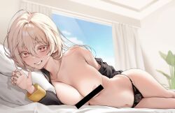 1girl areola_slip bar_censor bare_shoulders black_jacket black_panties blonde_hair blue_sky blurry blurry_background blush breasts censored chano39 cleavage cloud collarbone commentary commission curtains day grin groin hair_between_eyes highres indoors jacket lace lace-trimmed_panties lace_trim large_breasts lethe_rin long_hair long_sleeves looking_at_viewer lying navel no_bra off_shoulder on_bed on_side open_clothes open_jacket original panties pillow plant potted_plant red_eyes sidelocks skindentation sky smile solo stomach sweatdrop teeth thighs underwear window