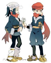 1boy 1girl akari_(pokemon) arrcticc_fish black_hair black_sash closed_mouth eyelashes flower galaxy_expedition_team_survey_corps_uniform grey_eyes hat headscarf highres holding jacket long_hair loose_socks nintendo pants pantyhose pokemon pokemon_legends:_arceus ponytail red_scarf rei_(pokemon) sash scarf shirt short_hair sidelocks simple_background socks white_background white_headscarf