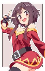 1girl bare_shoulders belt black_choker black_thighhighs blush brown_hair choker dress fingerless_gloves gloves highres kono_subarashii_sekai_ni_shukufuku_wo! looking_at_viewer megumin noyama_takenoko off-shoulder_dress off_shoulder open_mouth red_dress red_eyes short_hair short_hair_with_long_locks smile solo thighhighs