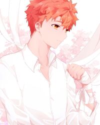 1boy collared_shirt commentary_request emiya_shirou fate/stay_night fate_(series) highres kamo_0707 male_focus oar orange_eyes profile ribbon shirt solo upper_body white_ribbon white_shirt