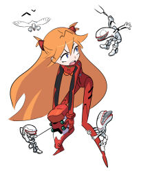 1girl blue_eyes bodysuit breasts disembodied_head eva_02 hand_on_another&#039;s_leg highres holding_detached_head interface_headset_(evangelion) lance_of_longinus_(evangelion) long_hair lotsalalalas mass_production_eva mecha_pilot_suit neon_genesis_evangelion orange_hair plugsuit_(evangelion) red_bodysuit rope souryuu_asuka_langley white_background wings