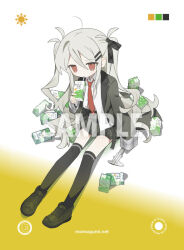 1girl bad_source black_jacket black_ribbon black_shoes black_skirt black_thighhighs caliper daizu_(melon-lemon) drinking drinking_straw full_body grey_hair hair_ribbon holding holding_milk_carton jacket long_hair milk_carton miniskirt necktie open_clothes open_jacket original pleated_skirt red_necktie ribbon sample_watermark shoes sitting skirt solo thighhighs two_side_up watermark