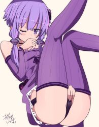 Rule 34 | 1girl, ass, black panties, blush, blush stickers, commentary, criss-cross halter, detached sleeves, dress, female masturbation, fingering, fingering through clothes, hair ornament, halterneck, hand to own mouth, highres, kakihito shirazu, masturbation, one eye closed, panties, purple dress, purple eyes, purple hair, purple thighhighs, short hair with long locks, sidelocks, simple background, solo, striped clothes, striped thighhighs, thighhighs, through clothes, underwear, vertical-striped clothes, vertical-striped thighhighs, vocaloid, voiceroid, white background, yuzuki yukari