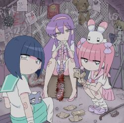 3girls :o animal animal_on_head animal_on_lap ball_and_chain_(weapon) bandaged_arm bandaged_wrist bandages bandaid bandaid_on_knee bandaid_on_leg black_eyes blue_hair blunt_bangs bow box brass_knuckles cat chain-link_fence closed_mouth club club_(weapon) crocs crowbar crystal delinquent doll expressionless ezaki_bisuko fence gauze_on_arm gauze_on_knee graffiti green_sailor_collar green_skirt hair_between_eyes hair_bow hairband heart hexagram high_heels highres holding holding_club holding_weapon injury jewelry lead_pipe leg_warmers long_hair looking_at_viewer menhera-chan_(ezaki_bisuko) menhera-chan_(ezaki_bisuko)_(character) money multiple_girls necklace on_head on_lap paper pink_bow pink_hair pink_hairband pink_sailor_collar pink_shoes pink_skirt poster_(medium) purple_bow purple_footwear purple_sailor_collar purple_skirt rabbit sabukaru-chan_(ezaki_bisuko) sailor_collar school_uniform serafuku shaded_face shoes short_twintails sidelocks sitting skirt slav_squatting smiley_face spiked_ball_and_chain spiked_club spread_legs squatting star_of_david stuffed_animal stuffed_toy teddy_bear twintails usatan_(ezaki_bisuko) weapon white_leg_warmers white_serafuku yumekawa-chan_(ezaki_bisuko)