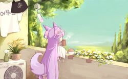 1girl bottle condenser_unit cone_hair_bun cup dolphin_shorts electromocha flower_pot fox_girl hair_bun hair_ornament hair_rings highres holding holding_cup inari_(tenko_shibuki) landscape long_hair mountain mug nature plant pom_pom_(clothes) pom_pom_hair_ornament potted_plant purple_hair purple_tail river scenery shirt shorts sky spray_bottle steam stellive tenko_shibuki very_long_hair virtual_youtuber white_shirt wind_chime
