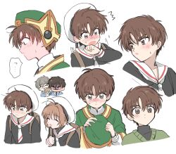blush brown_eyes brown_hair cardcaptor_sakura closed_eyes hat highres holding holding_unworn_clothes holding_unworn_hat kinomoto_sakura kinomoto_touya kumasaki li_syaoran magical_boy messy_hair open_mouth sailor_collar short_hair simple_background tsukishiro_yukito unworn_hat unworn_headwear white_background white_hat white_sailor_collar
