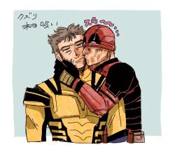 2boys beard black_gloves bodysuit closed_mouth commentary_request deadpool deadpool_&amp;_wolverine deadpool_(series) facial_hair gloves green_eyes hand_on_another&#039;s_face highres kiss kissing_cheek male_focus marvel marvel_cinematic_universe mask multiple_boys muscular muscular_male red_bodysuit red_mask scar scars_all_over short_hair superhero_costume too_many translation_request two-tone_bodysuit wolverine_(x-men) x-men yaoi yellow_bodysuit yo_ko_(kkk1211mmm)
