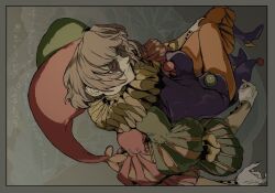 Rule 34 | 1boy, alternate costume, androgynous, asymmetrical sleeves, bakushi (smys2017), bell-bottoms, black boots, black eyes, black facepaint, black nails, bob cut, boots, border, bow, brown hair, buttoned cuffs, buttons, card, closed mouth, colored sclera, colored skin, commentary request, extra arms, facepaint, familiar, fingernails, from above, gradient background, green hat, green sleeves, grey background, grey border, hand on own thigh, hat, jester, jester cap, jester costume, light frown, long shirt, long sleeves, looking at viewer, lowered eyelids, makeup, male focus, medium hair, mismatched sleeves, monster boy, neck ruff, nose, orange pants, overlapped images, pale skin, pants, parted bangs, pleated pants, pointy nose, puff and slash sleeves, puffy long sleeves, puffy sleeves, pulcinella (vlad grimms), purple shirt, red hat, red sclera, red sleeves, shirt, simple background, sitting, solo, tied sleeves, translation request, two-tone hat, vampire, vlad grimms, white skin, yellow bow, yellow collar, yellow sleeve cuffs
