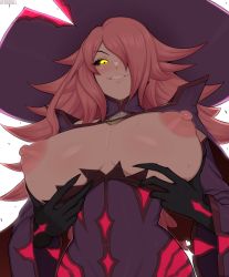 Rule 34 | 1girl, afrobull, blazblue, blazblue: calamity trigger, blush, breast hold, breasts, colored skin, female focus, flashing, highres, huge breasts, konoe a. mercury, large hat, long hair, looking at viewer, looking down, nipples, pink hair, pink skin, smile, solo, yellow eyes