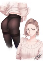 1girl ass black_pantyhose brown_eyes brown_hair collarbone erise eyeshadow from_behind highres looking_to_the_side makeup original panties panties_under_pantyhose pantyhose ribbed_sweater short_hair signature simple_background smile solo sweater thighband_pantyhose thong underwear white_background