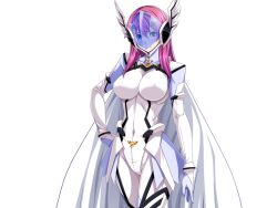 Rule 34 | 1girl, blue eyes, bodysuit, breasts, cape, covered erect nipples, covered navel, face shield, game cg, gentle sasaki, gloves, hand on own hip, helmet, large breasts, long hair, looking at viewer, non-web source, official art, pink hair, prism reica, shindou hatsune, skin tight, smile, solo, soukou senki prism reica, transparent background, white bodysuit