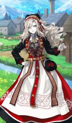 1girl bandana belt black_bandana black_dress breasts buttons double-breasted dress fate/grand_order fate_(series) grey_eyes hat konoe_ototsugu kriemhild_(dream_portrait)_(fate) kriemhild_(fate) large_breasts long_hair long_sleeves looking_at_viewer mole mole_under_eye multicolored_skirt official_art red_skirt skirt smile white_hair white_skirt