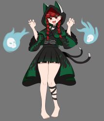 1girl :d absurdres alternate_costume animal_ears animal_hood avian_zebra black_hoodie black_ribbon blunt_bangs cat_ears cat_girl cat_hood cat_tail commentary dress english_commentary extra_ears fang flame_print full_body green_dress grey_background highres hitodama hood hoodie kaenbyou_rin leg_ribbon legs looking_at_viewer multiple_tails open_mouth red_eyes red_hair ribbon simple_background skull smile solo tail touhou two_tails