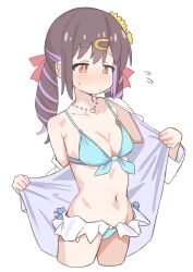 Rule 34 | 1girl, bikini, bikini skirt, black hair, blue bikini, blush, breasts, brown eyes, cleavage, coat, commentary, cowboy shot, cropped legs, dot nose, flying sweatdrops, front-tie bikini top, front-tie top, frown, hair ornament, hair ribbon, hairclip, heart, heart necklace, highres, jewelry, lab coat, long sleeves, medium breasts, multicolored hair, navel, necklace, off shoulder, onii-chan wa oshimai!, open clothes, open coat, oyama mihari, purple hair, red ribbon, riannn desu, ribbon, simple background, single bare shoulder, solo, stomach, swimsuit, twintails, two-tone hair, white background