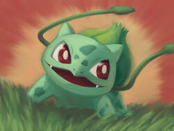 animal_focus bright_pupils bulbasaur fangs gen_1_pokemon grass highres motion_lines nintendo no_humans nostrils on_grass open_mouth pepe_dcc plant pokemon red_background red_eyes solo vine_whip vines white_pupils