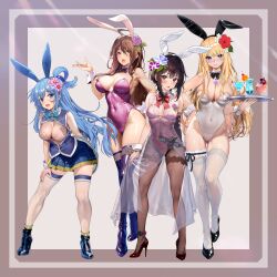4girls absurdres ahoge alternate_costume animal_ears anklet aqua_(konosuba) ayase_shichikai bare_shoulders black_bow black_bowtie black_footwear black_hair black_sleeves blonde_hair blue_eyes blue_footwear blue_hair blue_leotard blue_skirt blush boots border bow bowtie bra breasts breasts_apart brown_hair brown_pantyhose cameltoe candy cleavage closed_mouth collar commentary_request condom condom_wrapper covered_erect_nipples covered_navel cup darkness_(konosuba) detached_collar dress drinking_glass fake_animal_ears fake_tail flower food full_body gluteal_fold groin hair_between_eyes hair_flower hair_ornament hair_rings hand_on_own_thigh hands_up high_heel_boots high_heels highleg highleg_leotard highres holding holding_tray jewelry kono_subarashii_sekai_ni_shukufuku_wo! lace lace-trimmed_sleeves lace-trimmed_thighhighs lace_trim large_breasts leaning_forward legs_apart leotard leotard_under_clothes long_hair looking_at_viewer megumin multiple_girls necklace open_clothes open_mouth open_shirt outside_border pantyhose playboy_bunny pleated_skirt purple_bow purple_bowtie rabbit_ears rabbit_tail reaching reaching_towards_viewer red_bow red_bowtie red_eyes red_footwear red_leotard see-through_clothes see-through_dress see-through_leotard shoes short_hair_with_long_locks side_slit single_hair_ring single_sleeve skirt sleeveless sleeveless_dress small_breasts smile standing strapless strapless_leotard tail thigh_boots thigh_strap thighhighs thighhighs_over_pantyhose thighhighs_under_boots thighs tongue tongue_out traditional_bowtie tray underwear white_collar white_dress white_leotard white_thighhighs white_wrist_cuffs wiz_(konosuba) wrist_cuffs x_hair_ornament yellow_eyes