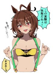 1girl agnes_tachyon_(umamusume) alternate_costume animal_ears bikini brown_hair highres horse_ears horse_girl my_sweet_megane navel open_mouth red_eyes simple_background solo speech_bubble swimsuit translation_request umamusume upper_body white_background yellow_bikini