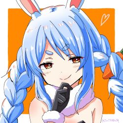 &gt;:) 1girl animal_ear_fluff animal_ears bare_shoulders black_gloves black_leotard blue_hair blush border braid breasts brown_eyes closed_mouth commentary_request don-chan_(usada_pekora) fur-trimmed_gloves fur_trim gloves heart highres hololive kiritoma leotard long_hair orange_background rabbit-shaped_pupils rabbit_ears short_eyebrows small_breasts smile smug solo strapless strapless_leotard symbol-shaped_pupils thick_eyebrows twin_braids twintails upper_body usada_pekora usada_pekora_(1st_costume) v-shaped_eyebrows virtual_youtuber white_border