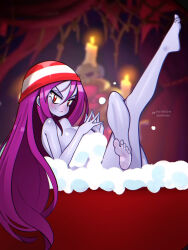 Rule 34 | 1girl, bandana, bathing, blush, breasts, colored skin, completely nude, crossed legs, feet, female focus, highres, jaxdrawz, large breasts, leg up, long hair, looking at viewer, nude, purple hair, purple skin, red eyes, risky boots, shantae (series), solo, steepled fingers