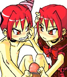 1boy 2girls aliasing angry brave_fencer_musashiden censored choker clenched_teeth clothed_female_nude_female cooperative_handjob eye_contact ffm_threesome fighting flat_chest group_sex handjob looking_at_another lowres maribo mirabo multiple_girls musashiden_ii nanasyu nude oekaki penis penis_grab red_eyes red_hair siblings simple_background sisters small_areolae small_nipples teamwork_(sexual) teeth threesome twins white_background