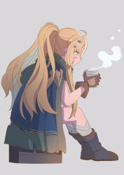 Rule 34 | 1girl, blonde hair, blowing, blue boots, boots, brown gloves, cape, cup, duel monster, ecclesia (yu-gi-oh!), gloves, green eyes, grey background, grey hair, heichi, highres, holding, holding cup, hot drink, incredible ecclesia the virtuous, long hair, official alternate costume, official alternate hairstyle, ponytail, simple background, sitting, solo, yu-gi-oh!