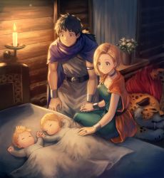 2boys 2girls anbe_yoshirou bed belt bianca_(dq5) black_hair blonde_hair blue_eyes borongo braid breasts cape choker cleavage couple dragon_quest dragon_quest_v earrings father_and_daughter father_and_son hair_over_shoulder hero&#039;s_daughter_(dq5) hero&#039;s_son_(dq5) hero_(dq5) highres jewelry large_breasts long_hair looking_at_another low_ponytail mother_and_daughter mother_and_son multiple_boys multiple_girls on_bed orange_cape ponytail purple_cape ring siblings single_braid sitting sleeping smile twins