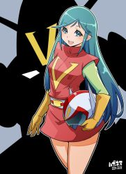 Rule 34 | 1girl, aqua eyes, aqua hair, assault visor, blue eyes, blue hair, choudenji robo combattler v, combattler v (robot), cowboy shot, dress, elbow gloves, fake horns, gloves, green sleeves, haganemaru kennosuke, helmet, holding, holding helmet, horned helmet, horns, long hair, long sleeves, looking at viewer, mecha, mecha pilot suit, nanbara chizuru, open mouth, red dress, robot, short dress, silhouette, single letter, smile, unworn headwear, unworn helmet, white helmet, yellow gloves