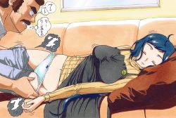 10s 1boy 1girl apron assisted_exposure blue_hair blue_panties bow bow_panties breasts brown_hair closed_eyes clothes_pull colored_pencil_(medium) couch facial_hair gundam gundam_build_fighters hairy has_bad_revision has_downscaled_revision hetero imminent_rape iori_rinko large_breasts long_hair lostunicorn lying marker_(medium) mature_female md5_mismatch molestation mustache navel on_side panties pants pants_pull panty_pull pillow pulling_another&#039;s_clothes ral-san ramba_ral resolution_mismatch sleep_molestation sleeping source_smaller sunrise_(company) sweater traditional_media translated turtleneck underwear undressing white_panties