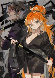 1boy 1girl black_kimono black_pants black_shirt breasts brown_hair cleavage cloud_tattoo collared_shirt dark-skinned_male dark_skin freckles green_eyes grey_background grey_sash hair_ornament hair_stick hamelon310 heathcliff_(project_moon) highres holding holding_sword holding_weapon irezumi ishmael_(project_moon) japanese_clothes katana kimono kurokumo_clan_(identity)_(project_moon) large_breasts limbus_company long_hair looking_at_viewer orange_hair pants project_moon purple_eyes scar sheath shirt shoulder_tattoo simple_background standing sword tattoo unsheathing upper_body very_long_hair weapon