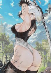 1girl 2b_(nier:automata) armpits arms_up artist_name ass ass_focus black_gloves black_hairband black_leotard black_thighhighs blue_eyes blue_sky breasts building covered_face day elbow_gloves fur-trimmed_gloves fur_trim gloves hairband highleg highleg_leotard highres holding holding_sword holding_weapon howxen katana large_breasts leotard looking_at_viewer multicolored_leotard nier:automata nier_(series) outdoors patreon_username short_hair signature sky solo sword thighhighs thong_leotard tree two-tone_gloves two-tone_leotard watermark weapon web_address white_gloves white_hair white_leotard