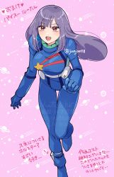 1girl blue_bodysuit bodysuit breasts earrings gundam gundam_zz highres jewelry junjonta long_hair pink_background purple_hair red_eyes roux_louka smile solo