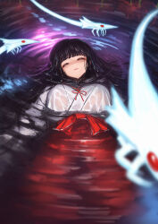 1girl black_hair breasts closed_eyes flower hakama highres inuyasha japanese_clothes kikyou_(inuyasha) long_hair miko paid_reward_available parted_lips partially_submerged qingmingtongzi red_hakama ripples shinidamachuu solo spider_lily water wet wet_clothes wet_hair