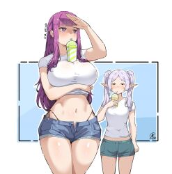2girls alternate_costume breasts elf fern_(sousou_no_frieren) frieren highres jk_arts large_breasts multiple_girls pointy_ears sousou_no_frieren
