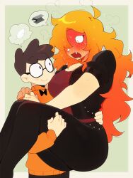 1boy 1girl ass black_bow black_bowtie black_jacket black_pants blush bow bowtie breasts brown_hair carrying closed_mouth commentary_request fang firemauer glasses green_background hair_over_one_eye height_difference highres jacket large_breasts long_hair looking_at_another nerd_(nerd_and_jock) nerd_and_jock one_eye_covered open_clothes open_jacket open_mouth orange_hair orange_sweater pants princess_carry red_shirt round_eyewear shirt short_hair short_sleeves simple_background speech_bubble sweat sweater thighs thought_bubble tiger_(nerd_and_jock) very_long_hair
