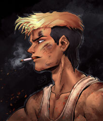 1boy absurdres adam&#039;s_apple artist_name black_background blonde_hair cigarette collarbone commentary dark-skinned_male dark_skin dirty dirty_face english_commentary great_teacher_onizuka highres male_focus multicolored_hair onizuka_eikichi pompadour shellz-art short_hair simple_background smoking solo two-tone_hair upper_body