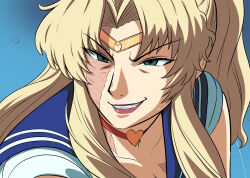 1girl balalaika_(black_lagoon) bishoujo_senshi_sailor_moon black_lagoon blonde_hair blue_sailor_collar burn_scar choker circlet commentary cosplay derivative_work evil_grin evil_smile green_eyes grin highres max_manster meme ponytail portrait red_choker sailor_collar sailor_moon sailor_moon_(cosplay) sailor_moon_redraw_challenge_(meme) scar scar_on_face screenshot_redraw smile solo v-shaped_eyebrows