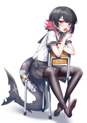 Rule 34 | 1girl, absurdres, black hair, black pantyhose, black skirt, candy, chair, comaya, commentary request, ellen joe, fins, fish tail, food, highres, holding, holding candy, holding food, holding lollipop, lollipop, looking at viewer, mihoyo, multicolored hair, on chair, open mouth, pantyhose, red eyes, red hair, shark girl, shark tail, sharp teeth, shirt, short sleeves, simple background, sitting, skirt, solo, tail, teeth, two-tone hair, upper teeth only, white background, white shirt, zenless zone zero